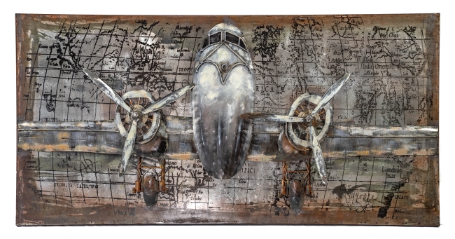 Handgefertigtes Metallbild Flugzeug vor einer Weltkarte (120cmx60cm)