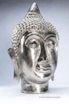 XXL Buddhakopf / Buddhafigur aus Metall mit einer Silberlegierung überzogen