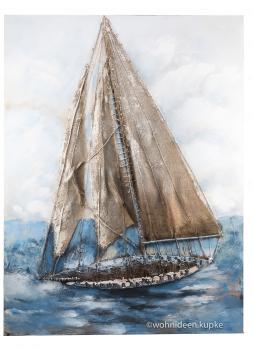 Handgefertigtes Leinwandbild / Wandbild Segelschiff auf hoher See in blau mit Segeln aus echter Jute