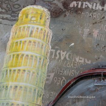 Handgefertigtes Metallbild in 3D-Optik mit italienischem Oldtimer und "Turm von Pisa"