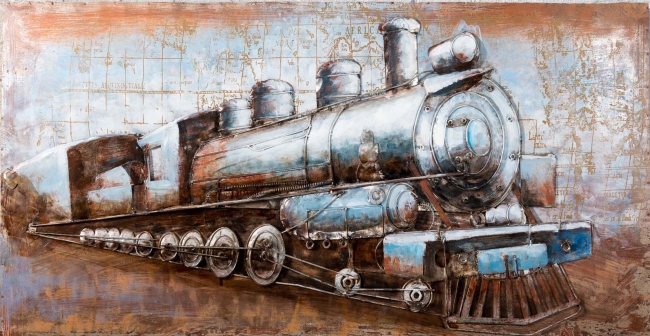 Metall Wandbild Dampflokomotive auf einer Weltkarte (140cm x 70cm)
