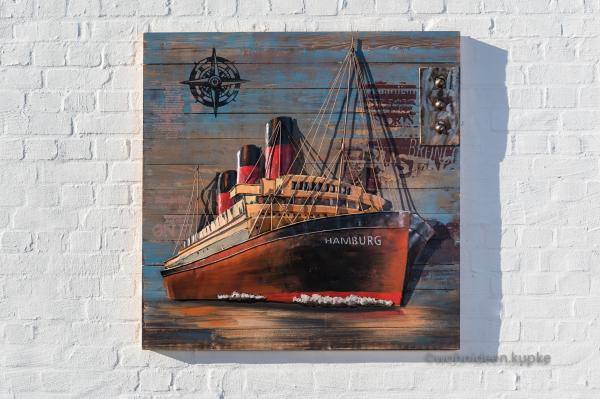 Wandbild eines Hamburger Dampfschiffs aus Holz und Metall