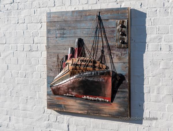 3-D Wandbild eines Hamburger Dampfschiffs aus Holz und Metall Seitenansicht