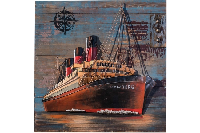 Wandbild eines Hamburger Dampfschiffs aus Holz und Metall