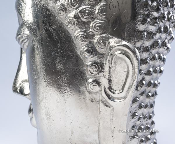 XXL Buddhakopf / Buddhafigur aus Metall mit einer Silberlegierung überzogen
