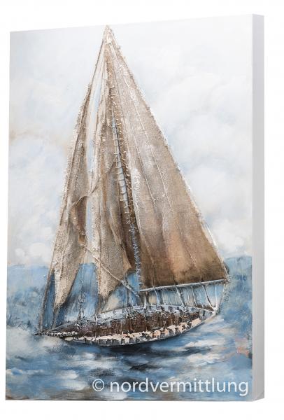 Handgefertigtes Leinwandbild / Wandbild Segelschiff auf hoher See in blau mit Segeln aus echter Jute